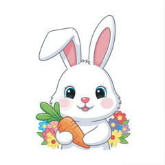 Adorable cartoon white rabbit holding a carrot and surrounded by colorful flowers. A charming and cheerful illustration, perfect for Easter, spring, children's themes, and animal lovers.