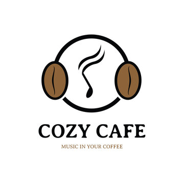 Creative logo of coffee beans as headphones with a music note for cozy cafes and lounges