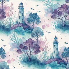 Watercolor seamless pattern with lighthouses, trees, and birds in soft blue-purple tones. Perfect for coastal-themed designs and decoration