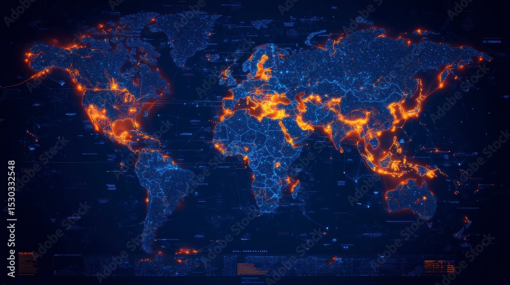 Poster glowing digital world map highlighting global connectivity and data flow.