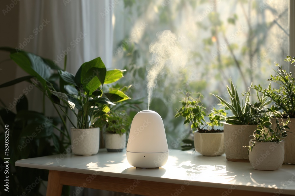 Poster mist diffuser and lush green plants on a white table in soft morning light create a tranquil atmosph