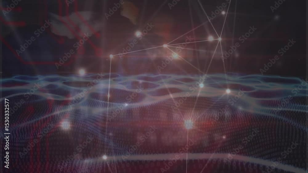 Poster opening dark virtual space initiating glowing nodes and waveform pulsing showing network data flow