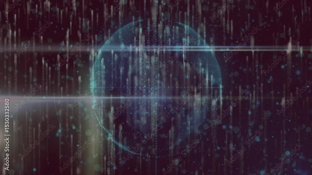 Poster data streams spawning 3d sphere rotating, beam scanning flickering glitch artifacts for analysis