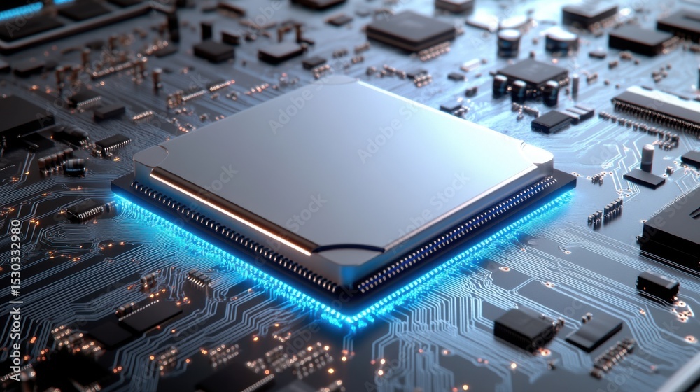 Poster a detailed close-up showcases a modern computer processor placed on a circuit board. the surrounding