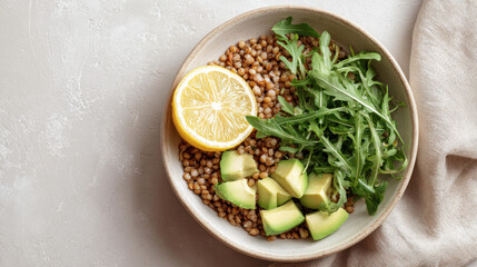 delicious clean eating bowl featuring buckwheat ripe avocado and fresh arugula on clean ultrabright background