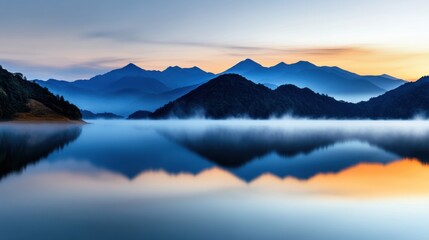 Gentle morning light casts a warm glow over a tranquil lake, with mist rising from its surface and mountains silhouetted against a vibrant sky.