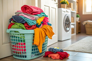 Laundry basket filled with colorful clothes ready for washing at home