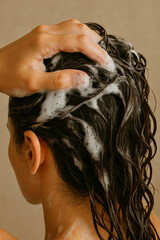 Naklejka premium woman washing wet hair shampoo soap brunette hygiene wellness health cleanliness scalp rinse lather 