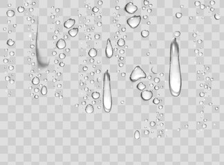 Water rain drops or steam shower isolated on transparent background. Realistic pure droplets condensed. Vector clear vapor water bubbles on window glass surface for your design.