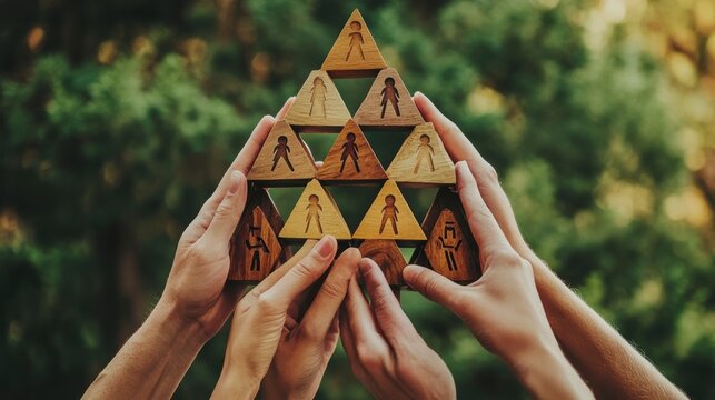 Hands collaboratively build a wooden pyramid of human figures against a blurred green background.