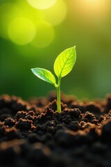 Seedling sprouts in rich soil bathed in warm sunlight , farming, morning, planting