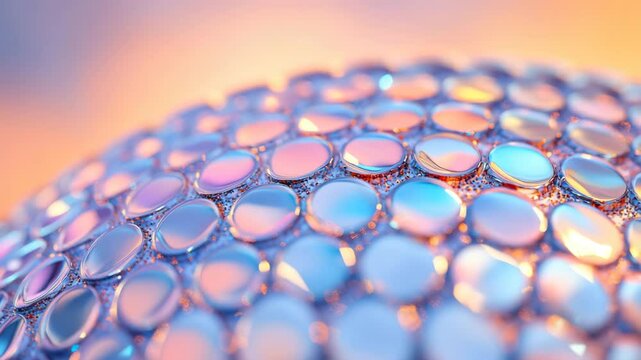 A slow, steady rotation around the textured, iridescent surface The light reflects and refracts across the individual segments