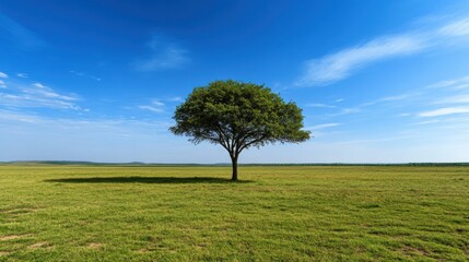 A lush green grassy field stretches into the distance, with a single, healthy tree at its center. The bright blue sky enhances the serene landscape, evoking a peaceful atmosphere.