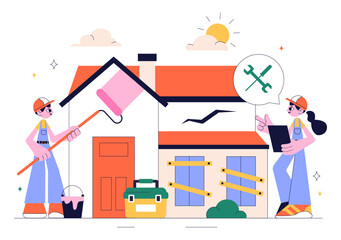 Home Renovation or Repair Service Vector Illustration Featuring a Team of Cleaners and Repair Workers Building, Painting, and Maintaining a House