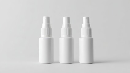 Three blank white spray bottles on a plain background