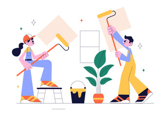 Home Renovation or Repair Service Vector Illustration Featuring a Team of Cleaners and Repair Workers Building, Painting, and Maintaining a House