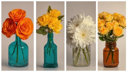 Four vases of vibrant flowers