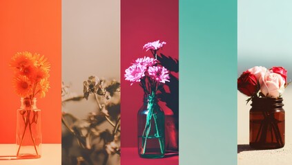 Floral still life, split into panels with varied backgrounds