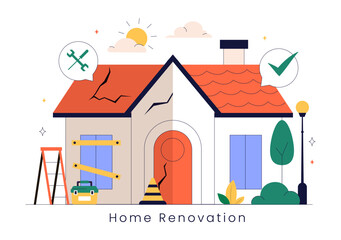 Home Renovation or Repair Service Vector Illustration Featuring a Team of Cleaners and Repair Workers Building, Painting, and Maintaining a House