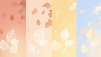 Four pastel-toned vertical panels featuring delicate, white leaf silhouettes against soft color gradients.  Falling leaves create a gentle, airy feel