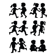 Collection of playful children silhouettes in active and interactive poses on white background