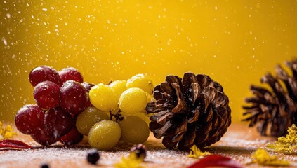 Fruit and pine cones, autumnal scene