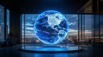 Holographic Earth globe in modern office, night city view.