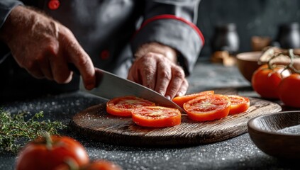 Chef slicing tomatoes on a wooden board