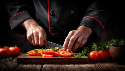 Chef slicing tomatoes on a wooden board (1)