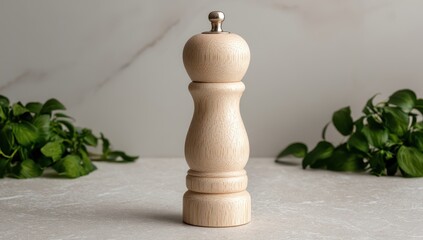 Light beige wooden pepper grinder on marble