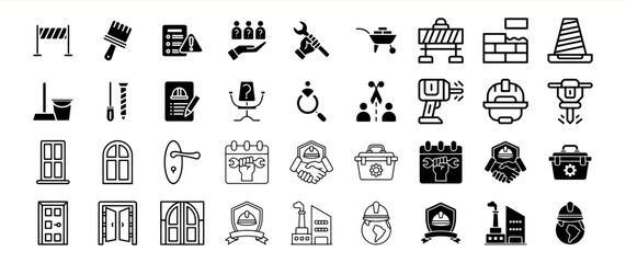 Construction and Building Industry Icon Set: A comprehensive collection of 36 high-quality vector icons representing various aspects of construction, building, and maintenance.