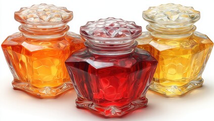 Three glass jars, each with a decorative lid and filled with colored liquid, displayed on a white background