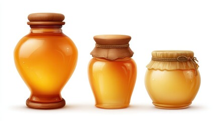 Three honey jars in varying styles, amber glass, wooden lids, realistic illustration