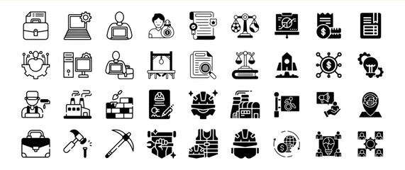 A diverse collection of 36 glyph icons representing various concepts related to business, finance, law, technology, construction, and teamwork.