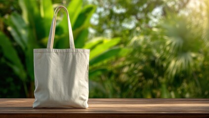 Empty tote bag on wooden table, green blurred background