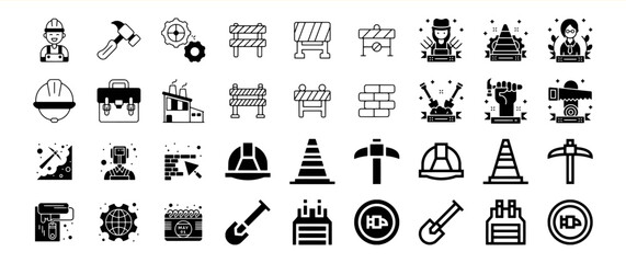 A comprehensive collection of construction and worker icons, perfect for design projects related to labor, industry, and building.