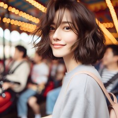 Cheerful Young Woman at Amusement Park in Joyful Expression and Carefree Moment with Generative AI.