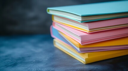 Stack of colorful notebooks on a dark surface.