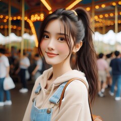 Cheerful Young Woman at Amusement Park in Joyful Expression and Carefree Moment with Generative AI.