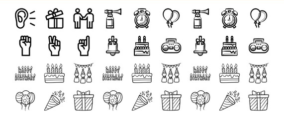 A collection of hand-drawn doodle icons representing various birthday elements such as gifts, cakes, balloons, party hats, and more, ideal for celebratory designs.