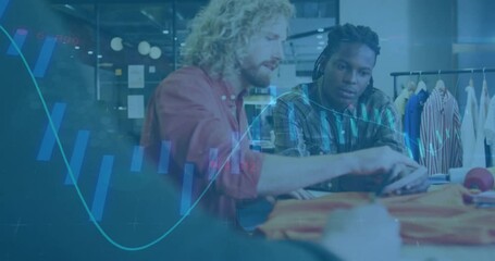 Designer pointing tablet measurements to colleague, assistant noting fabric adjustment for fashion - Powered by Adobe