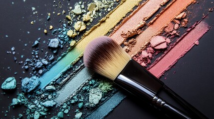 Makeup brush on colorful eyeshadow swatches.