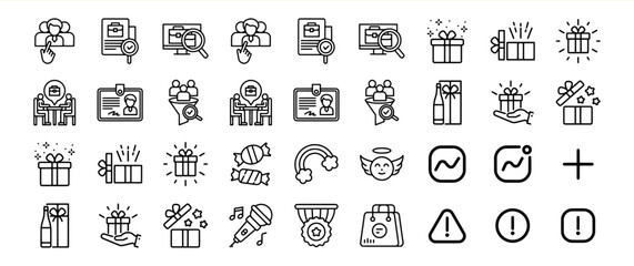 A diverse collection of line icons representing various concepts including teamwork, recruitment, gifts, celebrations, awards, and notifications.