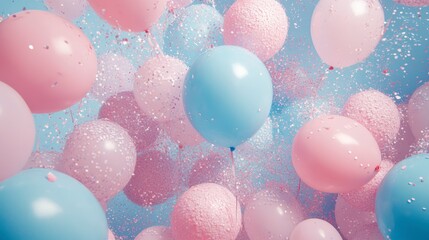 Pastel pink and blue balloons with glitter confetti.
