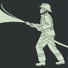 Obraz premium Cartoon illustration of a firefighter spraying a hose with dark background