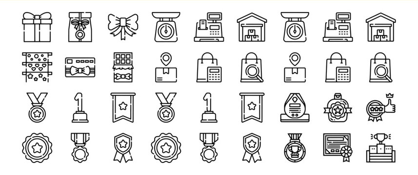 A diverse collection of line icons representing various aspects of shopping, awards, and logistics, including gifts, scales, POS systems, warehouses, medals, trophies, and certificates.