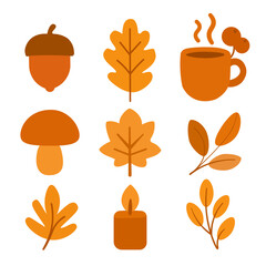 Flat Autumn Icon Set with Leaves, Acorns, and Cozy Elements