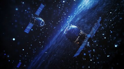Two satellites orbiting Earth, surrounded by stars and cosmic dust.