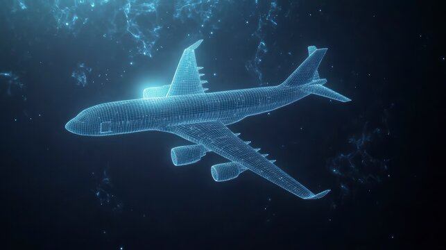 Futuristic digital airplane model, wireframe design, dark blue background.
