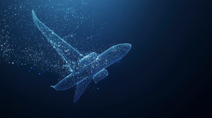 Abstract airplane design, digital art, low poly style, blue background.